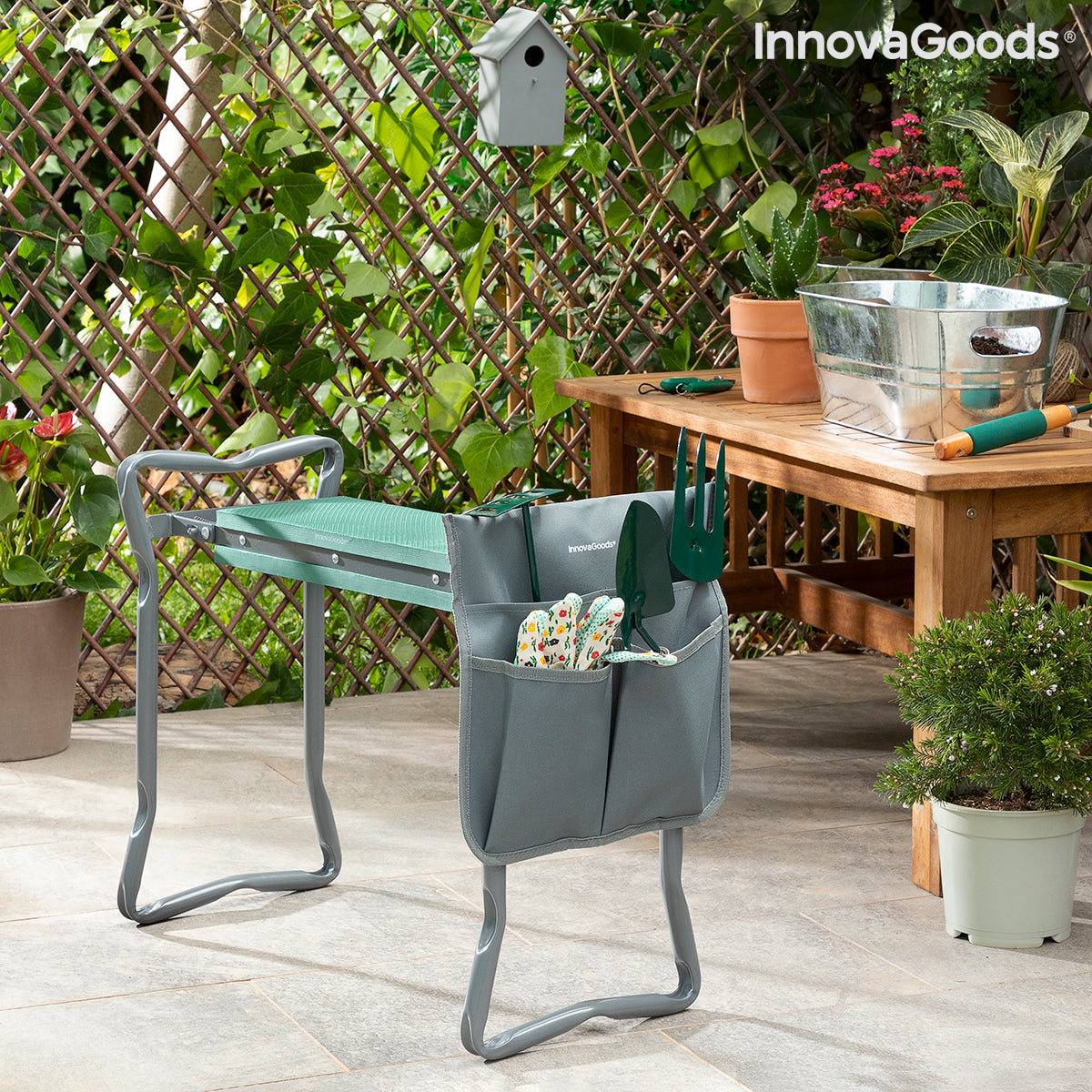 Sedile da Giardino Pieghevole 3-in-1 con Borsa per Attrezzi InnovaGoods Situl